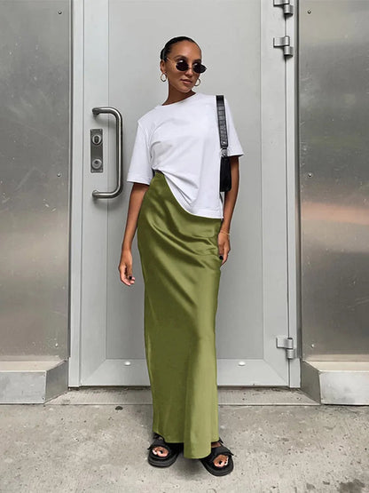 Dressbetty - Satin Black Trumpet Skirts Slim High Waist Office Long Skirt