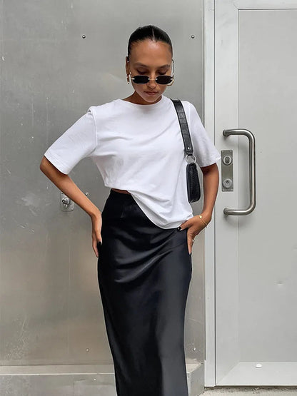 Dressbetty - Satin Black Trumpet Skirts Slim High Waist Office Long Skirt
