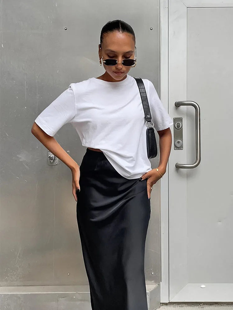 Dressbetty - Black Satin High Waist Trumpet Skirt