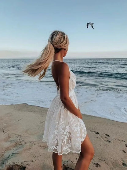 Color Leace Mesh Spaghetti Strap Dresses V-neck Backless Mini Dress Female Beach Vacation Vestidos New