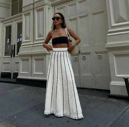 Dressbetty - Striped Tassel Knitted Elastic High Waist Skirt