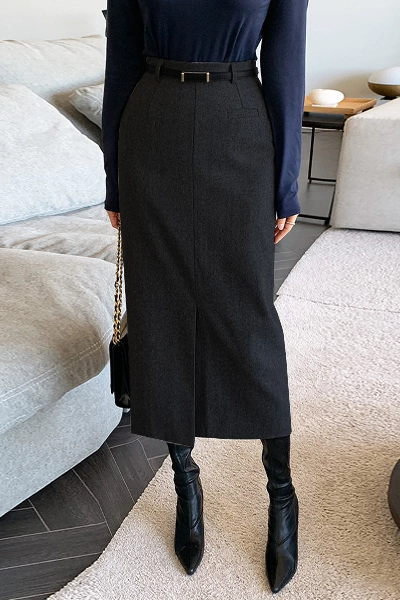 Striped Faux Wool Belted High Waist A-line Skirt