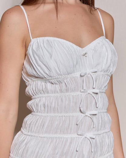 White Ruched Maxi Dress _ Slimming Vacation Outfit for Photos