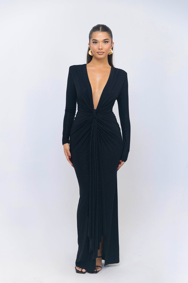 Beverly Deep V-neck Ruched Maxi Dress