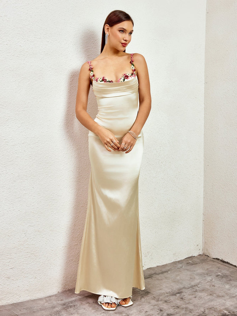 Embellished Strap Tie Back Satin Bodycon Dress
