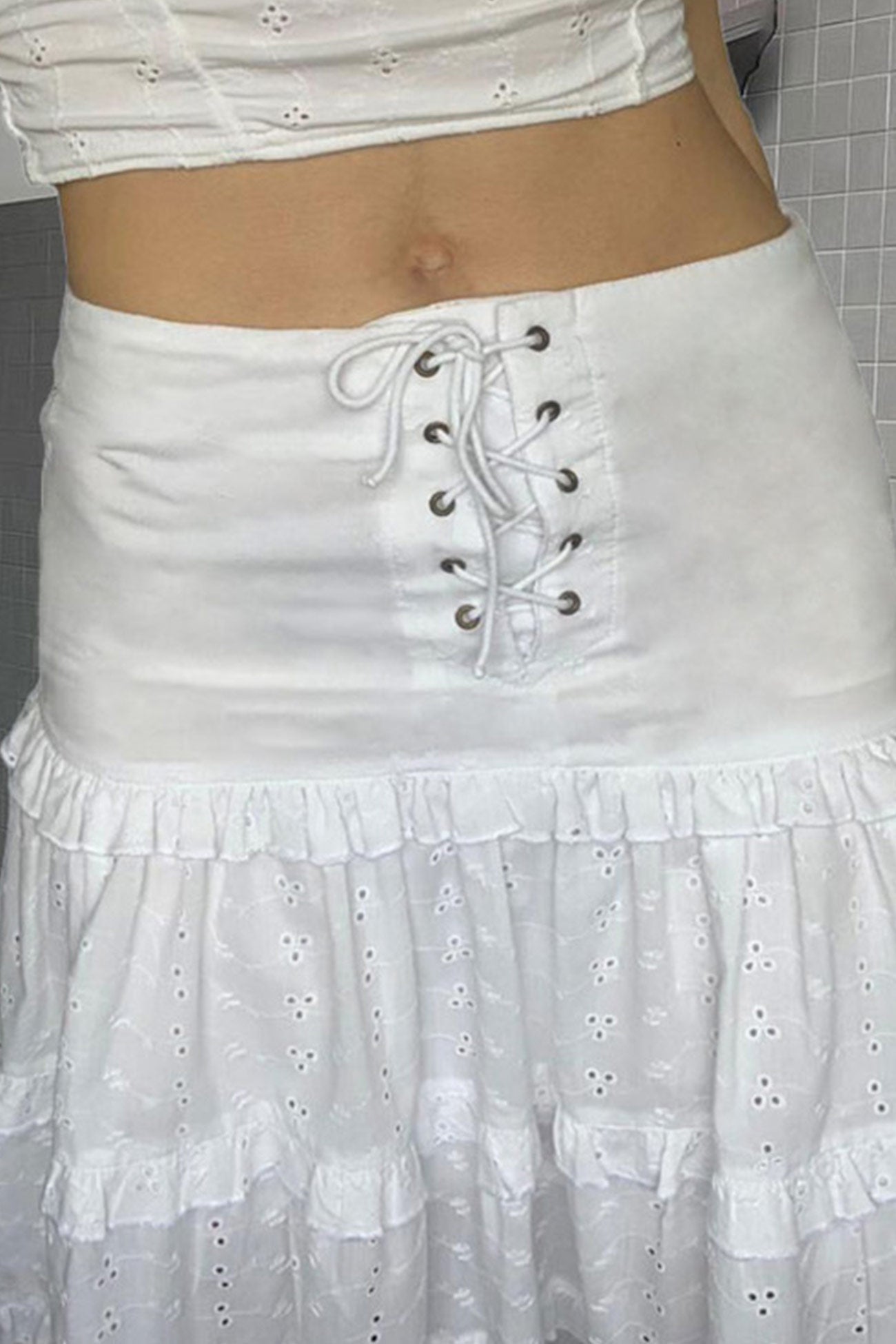 Eyelet Strap A-line Tiered Long Skirt