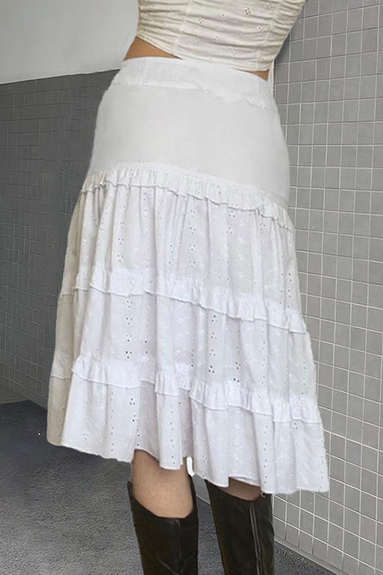 Eyelet Strap A-line Tiered Long Skirt