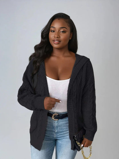 Hooded Cable Knit Cardigan Open Front