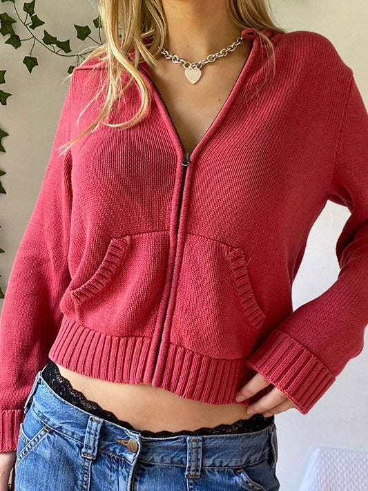 's Color Hooded Crop Knit Cardigan