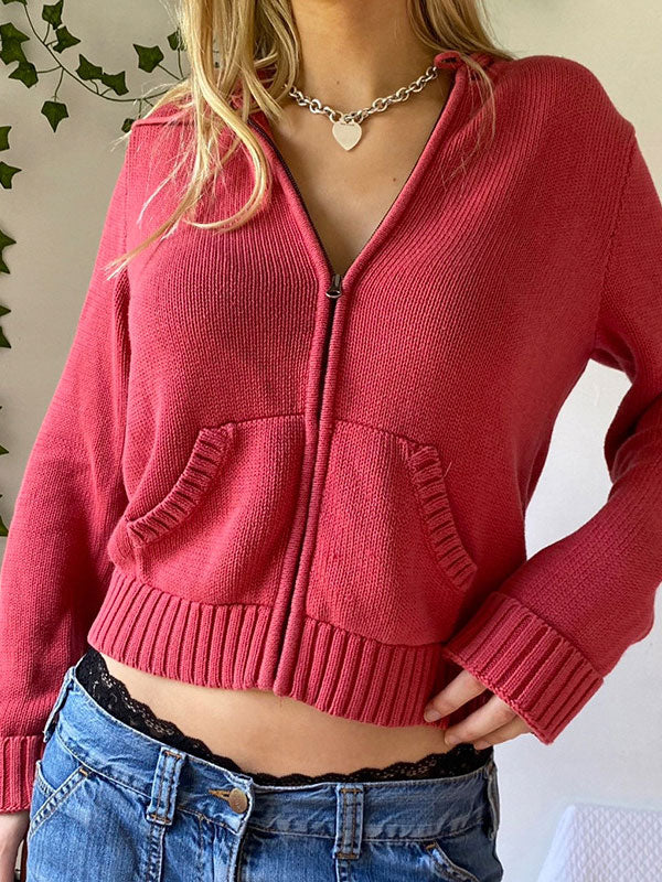 's Color Hooded Crop Knit Cardigan