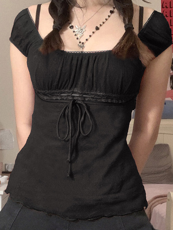 Black Tie Front Lace Trim Blouse With U Neck