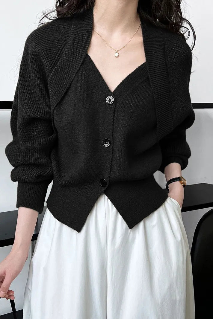 Fabia Brown Patchwork V-neck Button Sweater