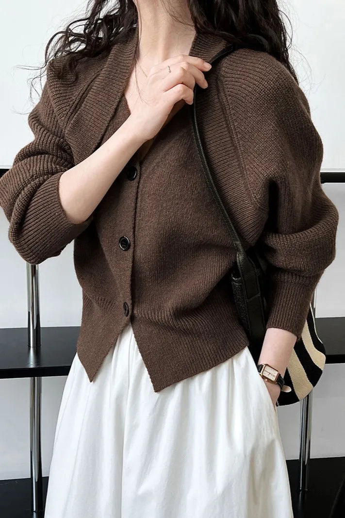 Fabia Brown Patchwork V-neck Button Sweater
