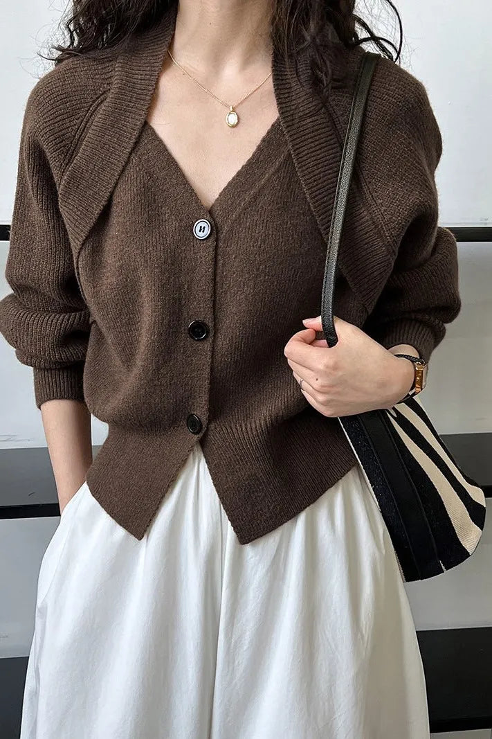 Fabia Brown Patchwork V-neck Button Sweater