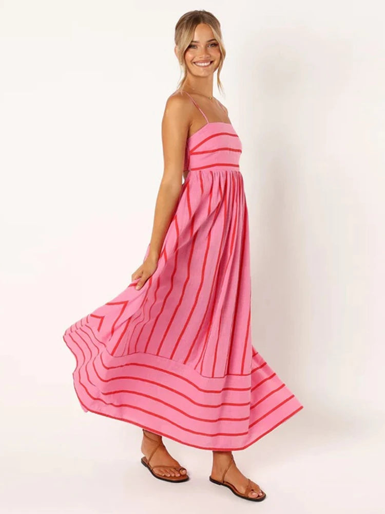 Blackless Stripe Slip Maxi Dress New Suspender Beach Dress Female Sleeveless Holiday Party Vestidos