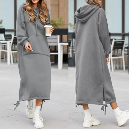 Split Hooded Large Pullover Autumn Pocket Warm Sweatshirt Hoodie Dress