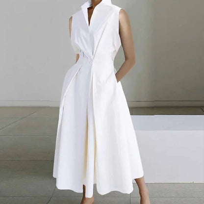 Turn-down Collar Printed Sleeveless Loose Slim Fit Midi Dresses