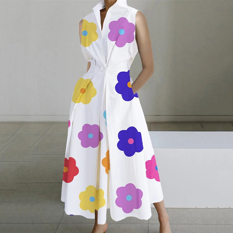 Turn-down Collar Printed Sleeveless Loose Slim Fit Midi Dresses