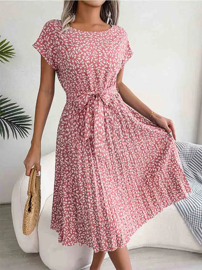 A Line Short Sleeve High Waist Midi Dresses