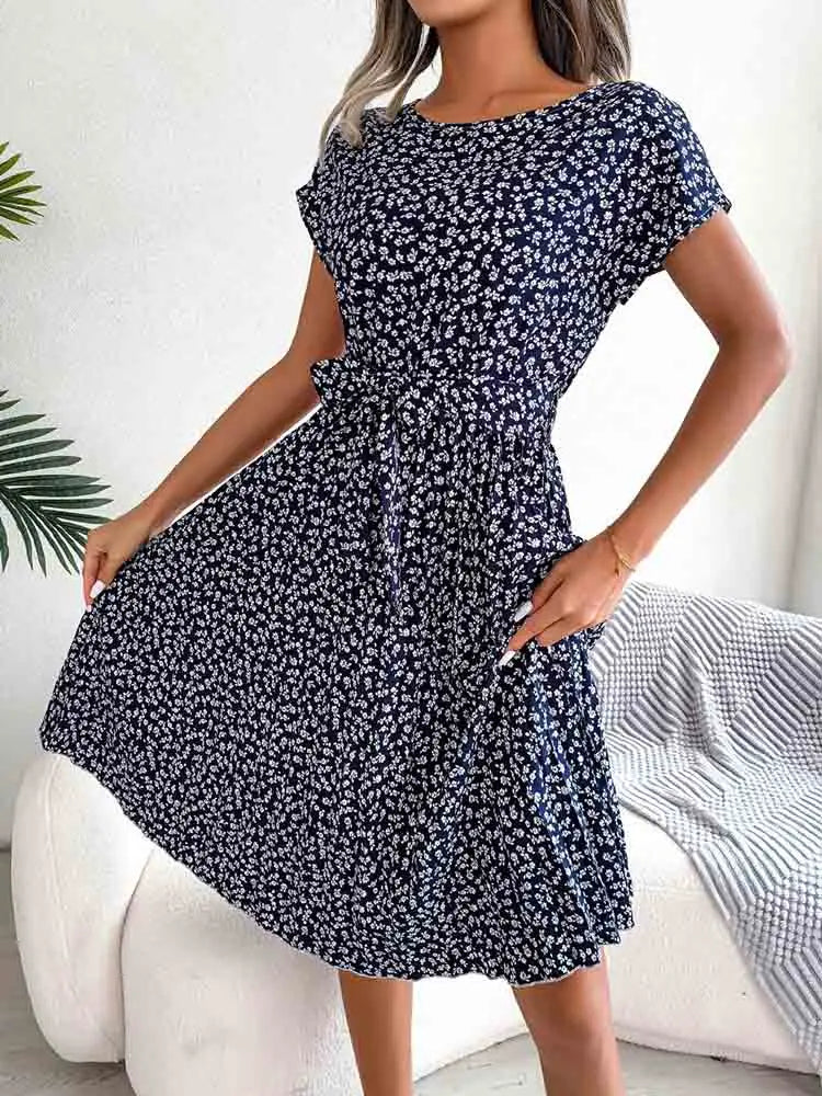 A Line Short Sleeve High Waist Midi Dresses
