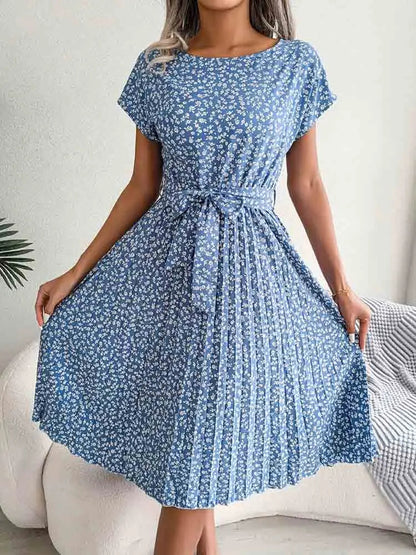 A Line Short Sleeve High Waist Midi Dresses