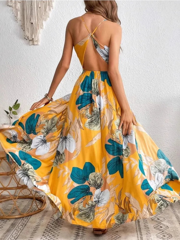 Flower Print Spaghetti Strap Dresses V-neck Backless Slit Long Dress Style Vacation Beach Vestidos