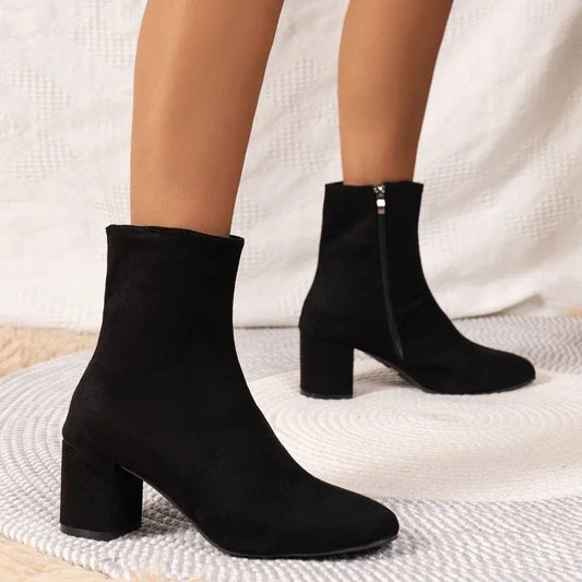Knitted Stretch Sewing Square Heels Ankle Boot