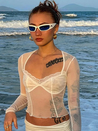 Lace Trim Mesh Crop Tops 90s Aesthetics Patchwork Square Neck Long Sleeve White Tees Summer T-shirts