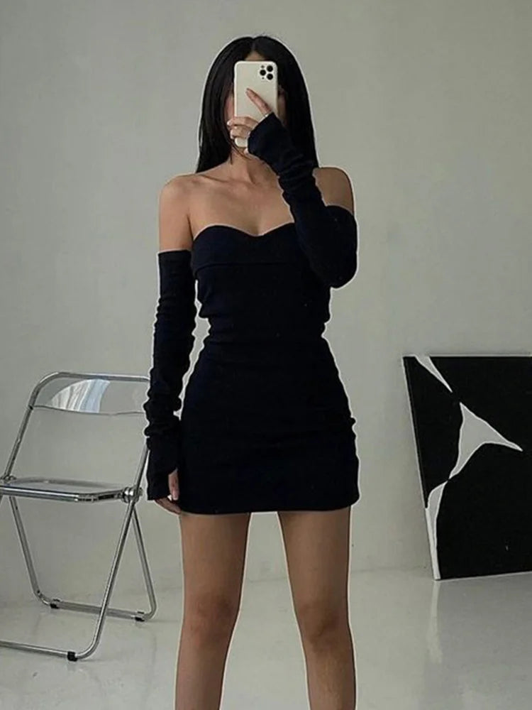 Off Shoulder Autumn Long Basic Black Slash Neck Clothes Midi Dresses