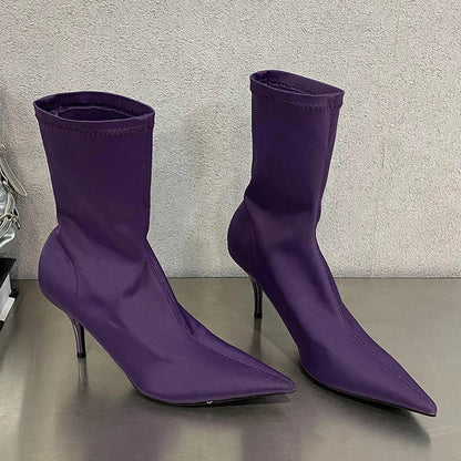 Pointed Toe Thin Heel Elastic Stretch Slip on Pump Ankle Boot