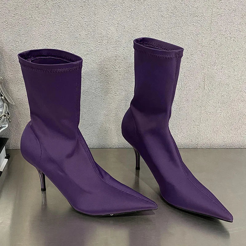 Pointed Toe Thin Heel Elastic Stretch Slip on Pump Ankle Boot