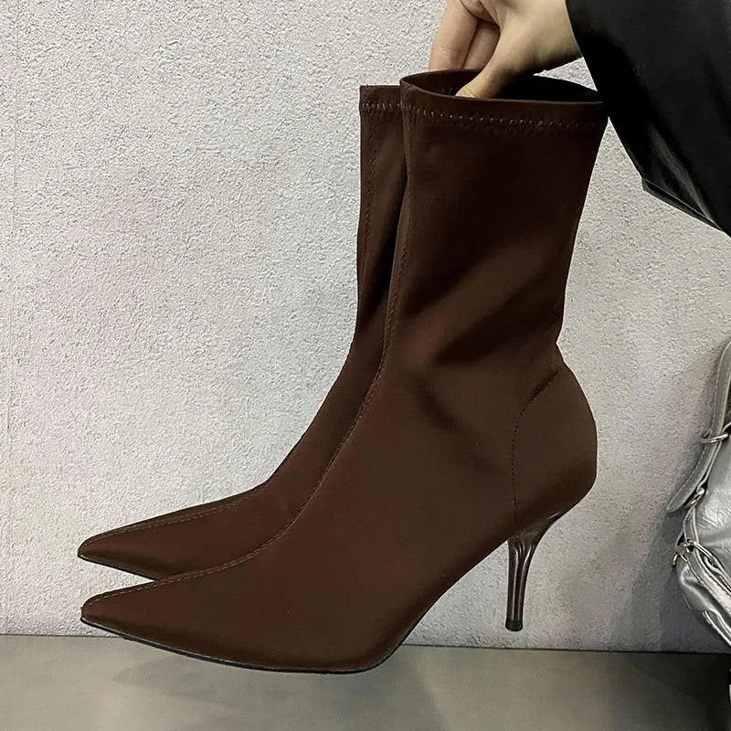 Pointed Toe Thin Heel Elastic Stretch Slip on Pump Ankle Boot