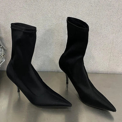 Pointed Toe Thin Heel Elastic Stretch Slip on Pump Ankle Boot
