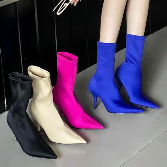 Pointed Toe Thin Heel Elastic Stretch Slip on Pump Ankle Boot