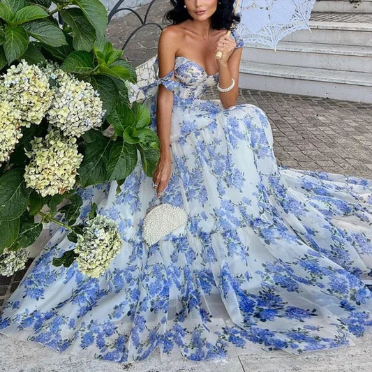 Printed Suspender Dress Backless Lace Up Long Dresses for Blue High Waist Loose Formal Evening Dress