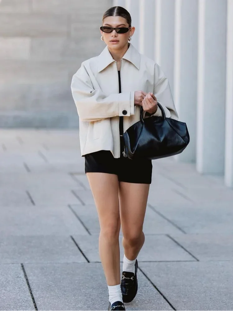 Lapel Zipper Long Sleeve Pocket Warm Loose Coat