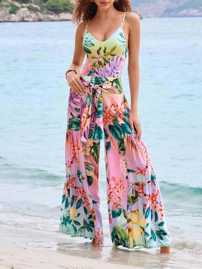 U-neck Print Swimsuit Long Pants One Piece