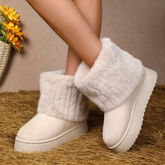 Round Toe Warm Thickened Plush Winter Beige Mid-calf Boots Thick Sole Comfortable Anti-slip Snow Boot