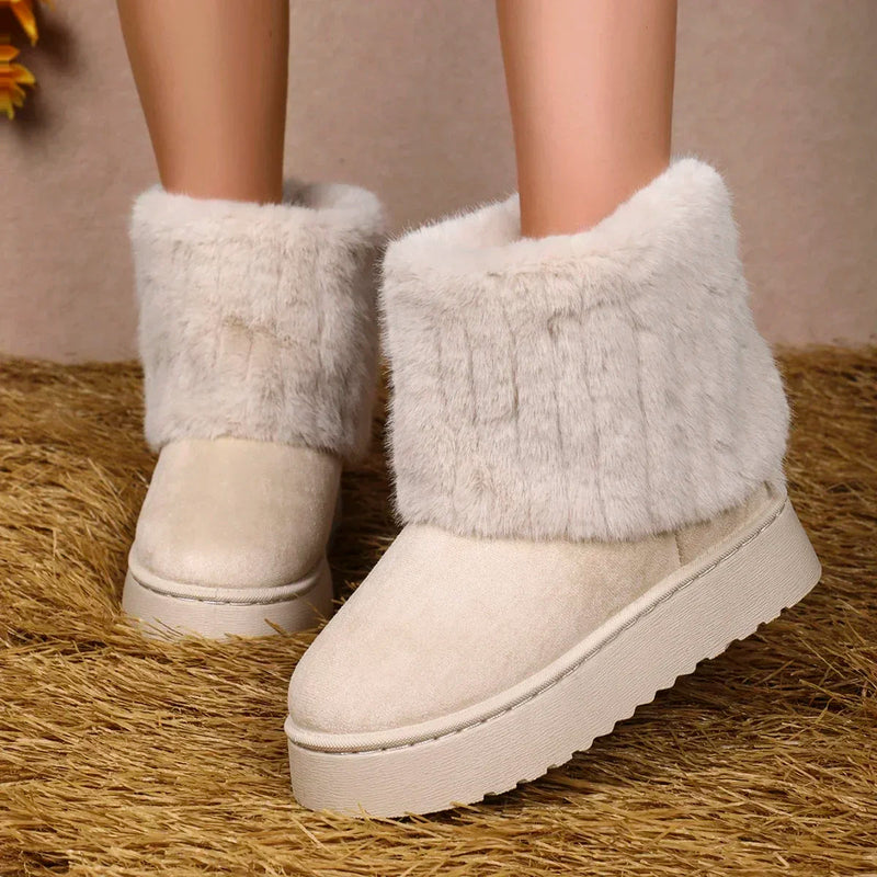 Round Toe Warm Thickened Plush Winter Beige Mid-calf Boots Thick Sole Comfortable Anti-slip Snow Boot