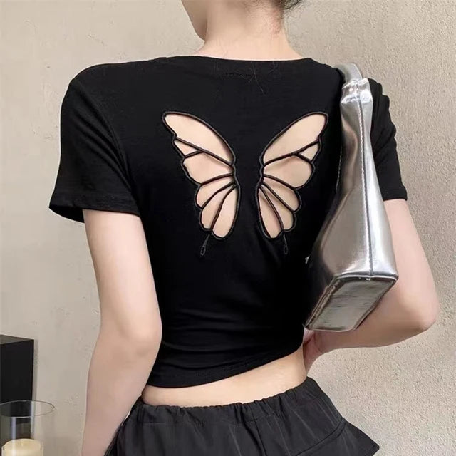 T-shirt Short Sleeve O Neck Slim Fit Crop Top Butterfly Hollow Backless for Tops Summer