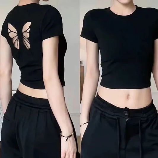 T-shirt Short Sleeve O Neck Slim Fit Crop Top Butterfly Hollow Backless for Tops Summer