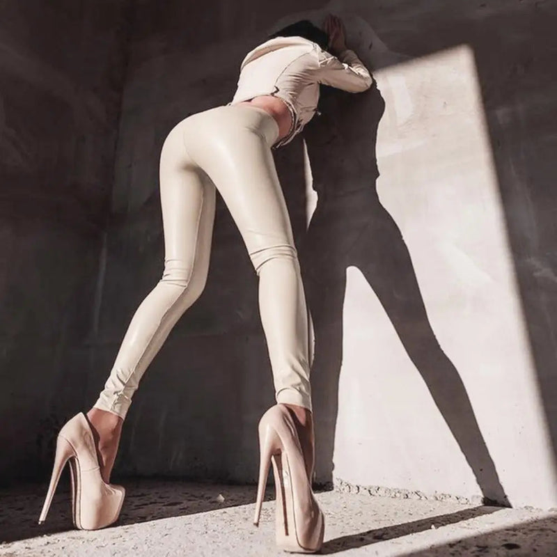 Faux Leather High Waist Full Length Straight Pencil Bodycon Pants