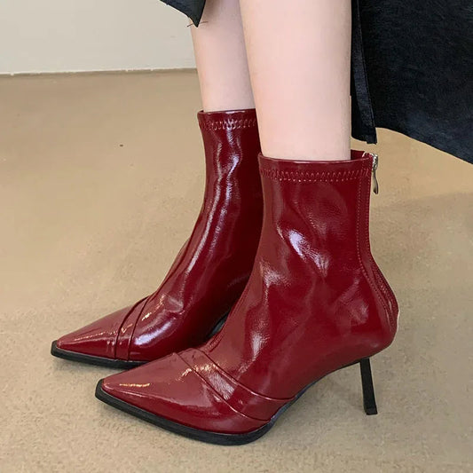 Pointed Toe Thin Heel Elastic Stretch Zippered Ankle Boot