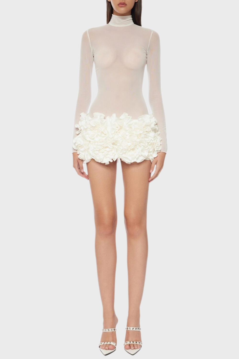 Fionna Mesh Long Sleeve Mini Dress - White