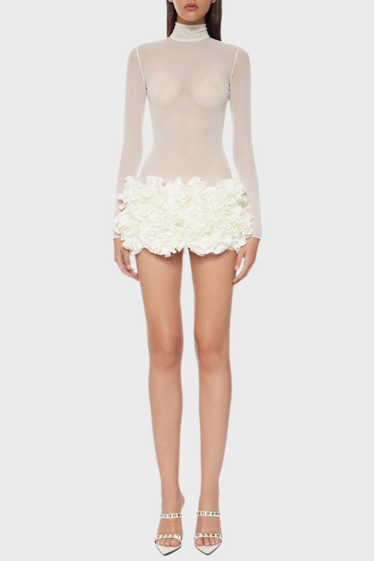 Fionna Mesh Long Sleeve Mini Dress - White