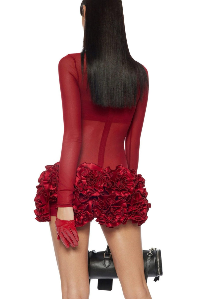 Fionna Mesh Long Sleeve Mini Dress - Red