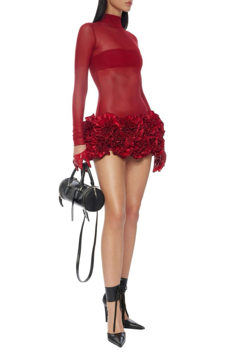 Fionna Mesh Long Sleeve Mini Dress - Red