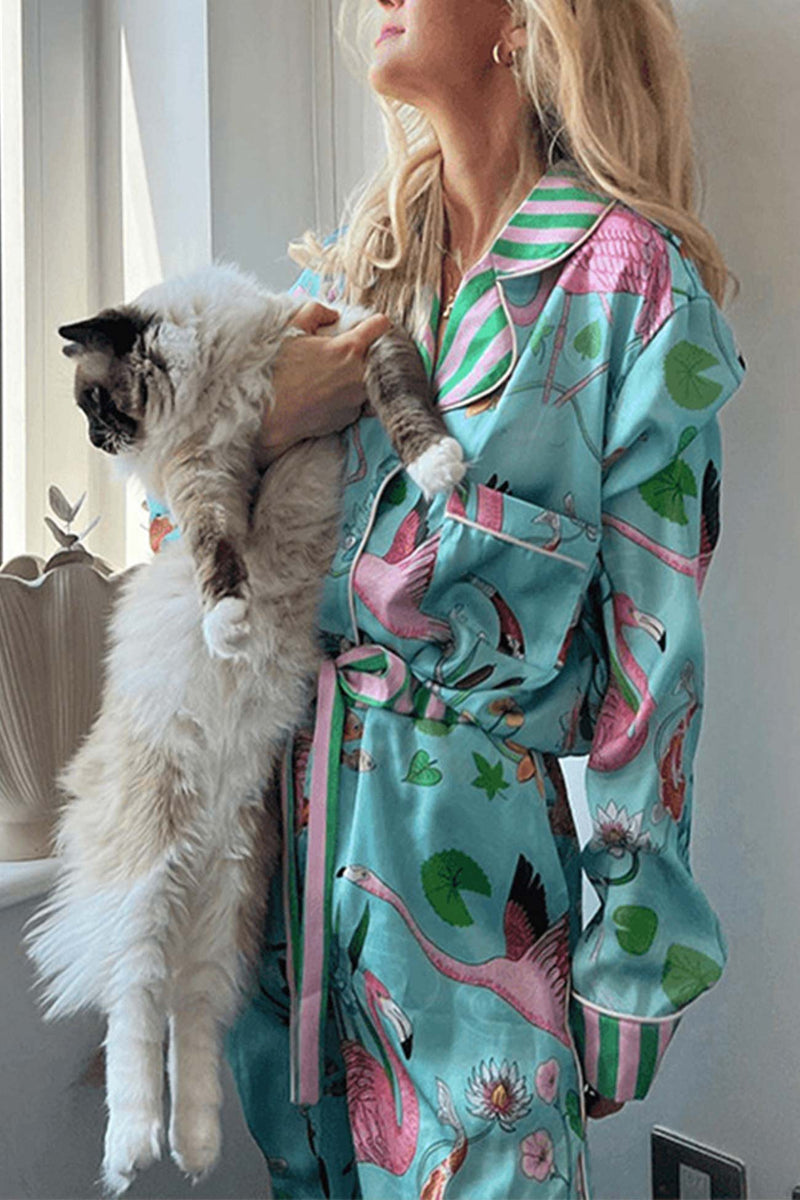 Flamingo Print Long Sleeve Lace Up Pants Loungewear