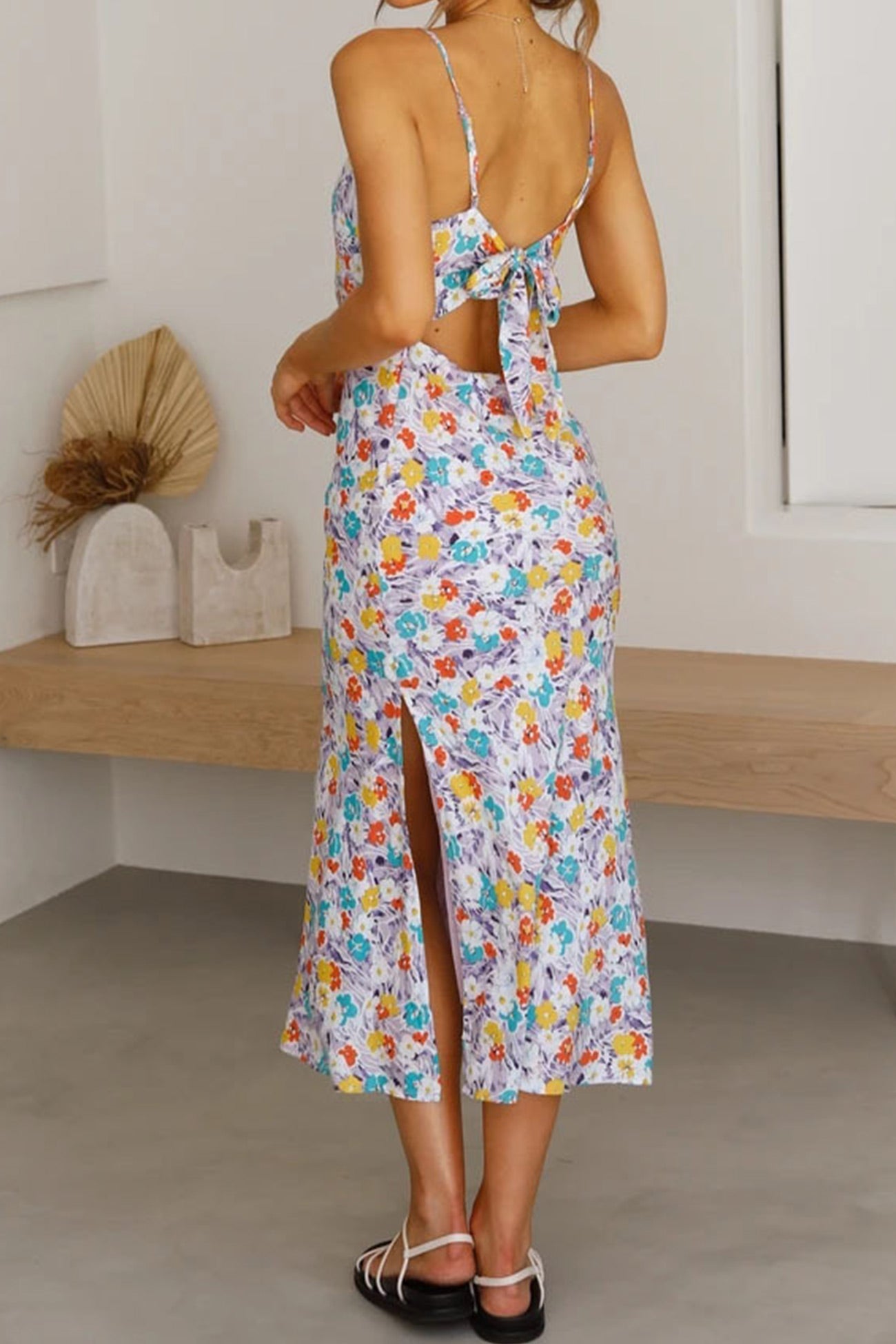 Print Low Cut Slit Cami Dress