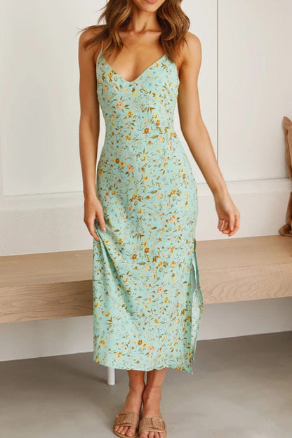 Print Low Cut Slit Cami Dress